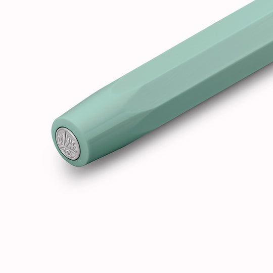 Smooth Sage Pen Lid Detail, The Kaweco Collection Special Edition fountain pen in Sage Green with silver accents. Sage Green is associated with a calm environment and positivity, a colour that fosters creativity.