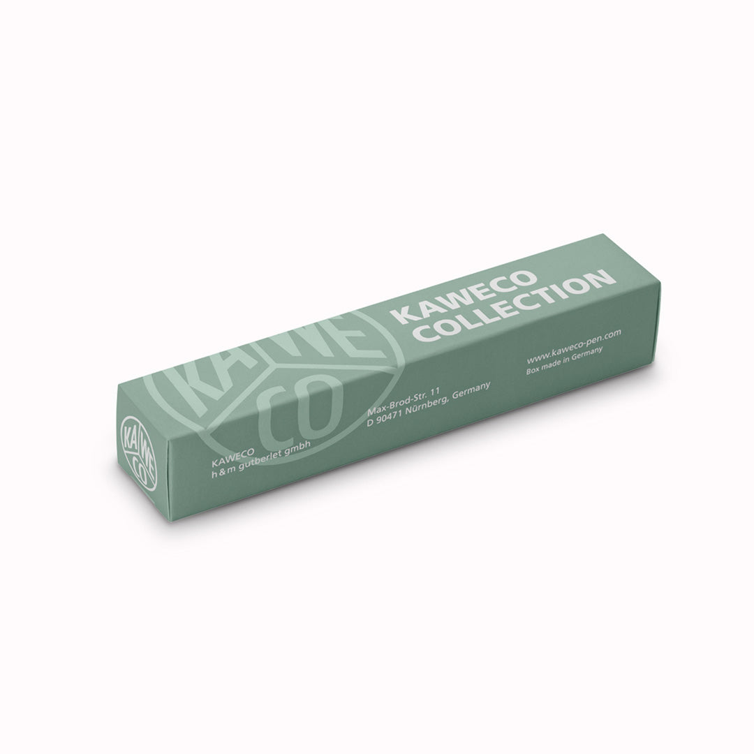 Smooth Sage Pen Box, The Kaweco Collection Special Edition fountain pen in Sage Green with silver accents. Sage Green is associated with a calm environment and positivity, a colour that fosters creativity.