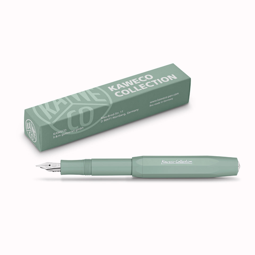 Smooth Sage Pen with box, The Kaweco Collection Special Edition fountain pen in Sage Green with silver accents. Sage Green is associated with a calm environment and positivity, a colour that fosters creativity.