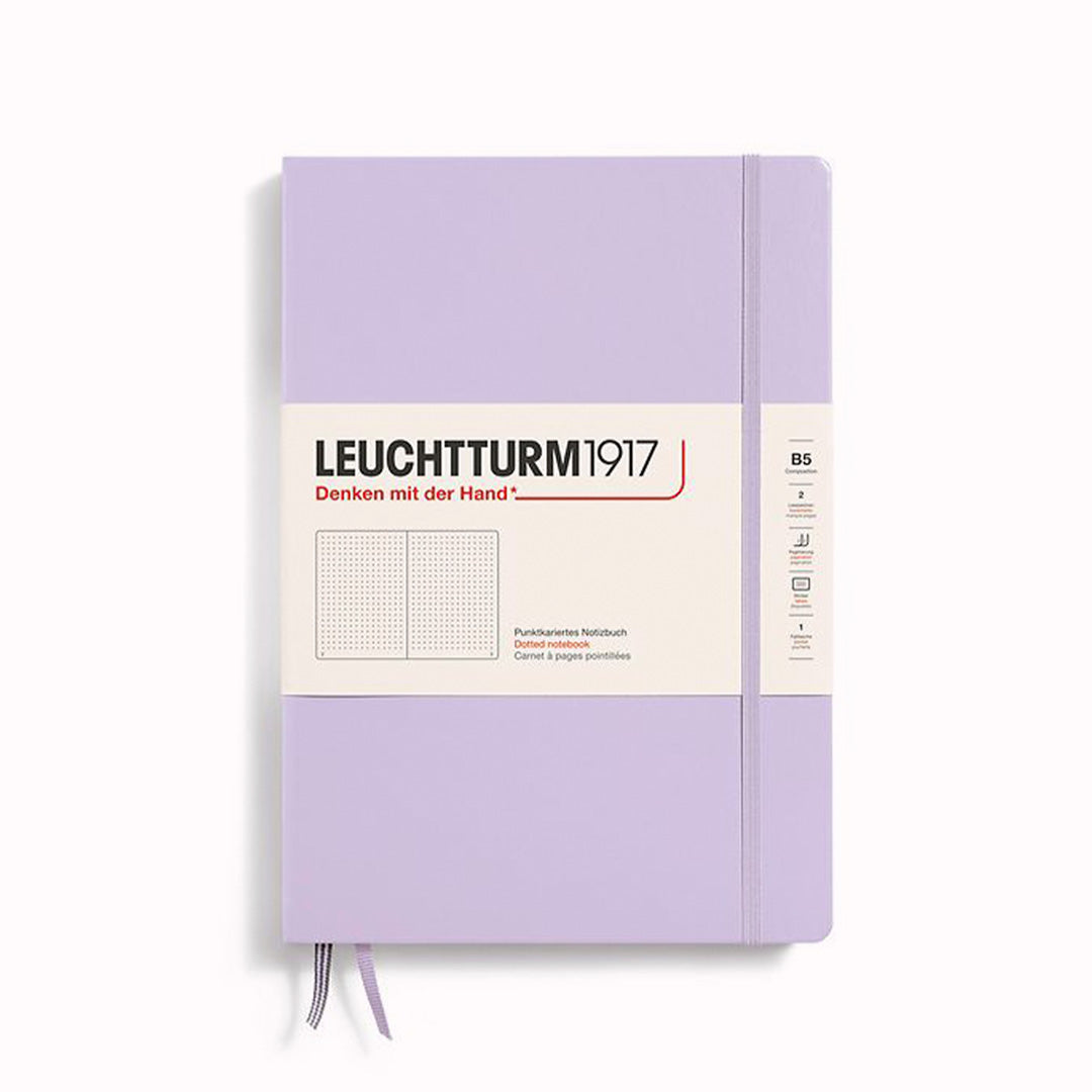 Lilac Dotted Composition Notebook from Leuchtturm1917, 2 page markers and a blank table of contents and numbered pages with gusseted rear pocket