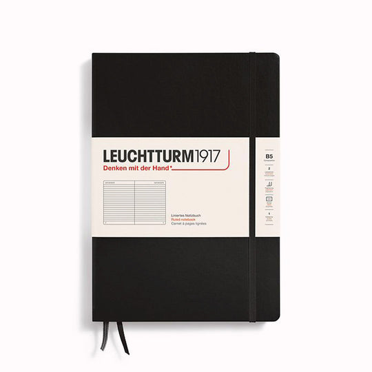 Black B5 Lined Composition Notebook from Leuchtturm1917, includes Blank table of contents and numbered pages with a rear gusseted pocket