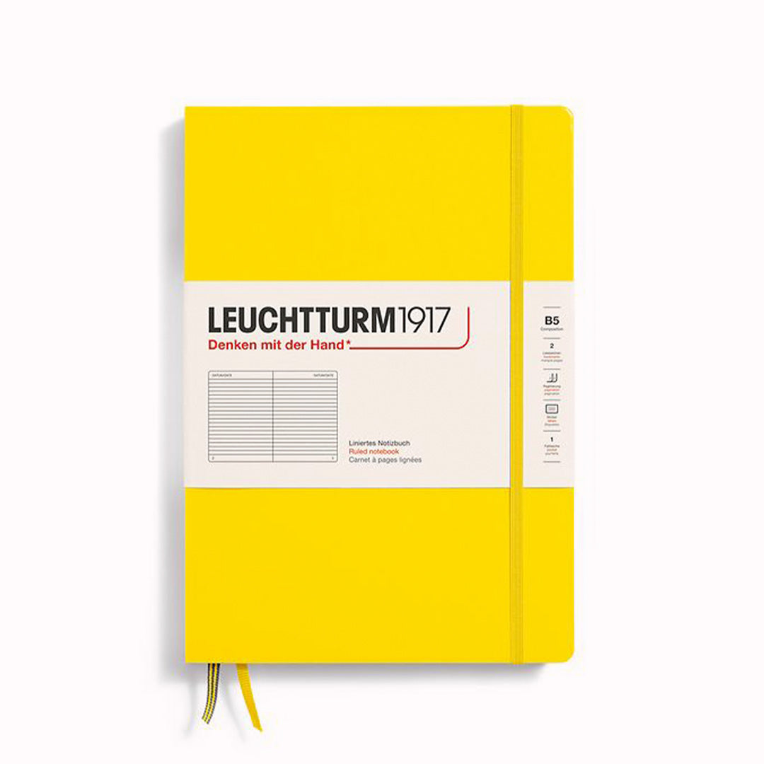 Lemon B5 Lined Composition Notebook from Leuchtturm1917, includes Blank table of contents and numbered pages with a rear gusseted pocket