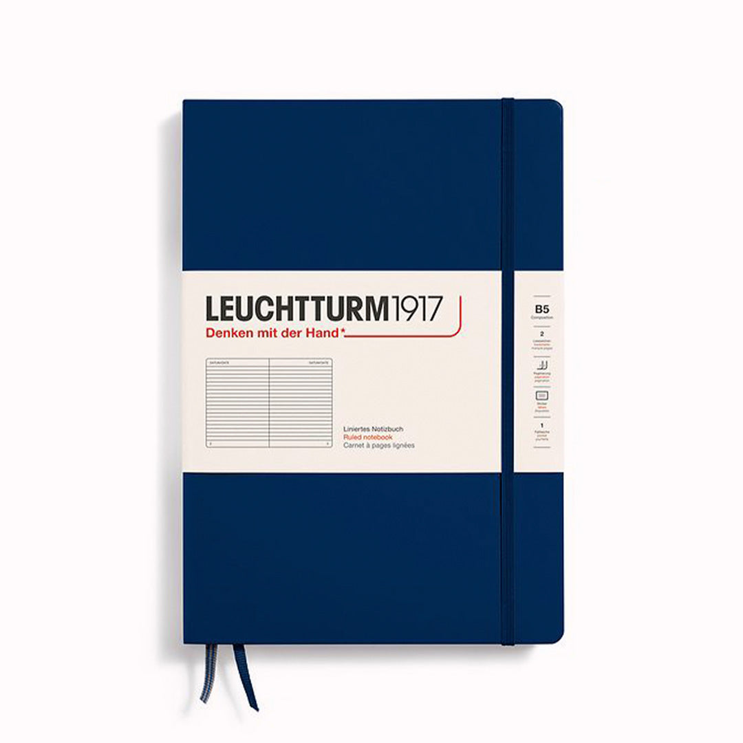 Navy B5 Lined Composition Notebook from Leuchtturm1917, includes Blank table of contents and numbered pages with a rear gusseted pocket