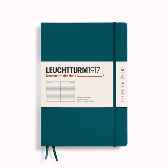 Pacific green B5 Lined Composition Notebook from Leuchtturm1917, includes Blank table of contents and numbered pages with a rear gusseted pocket
