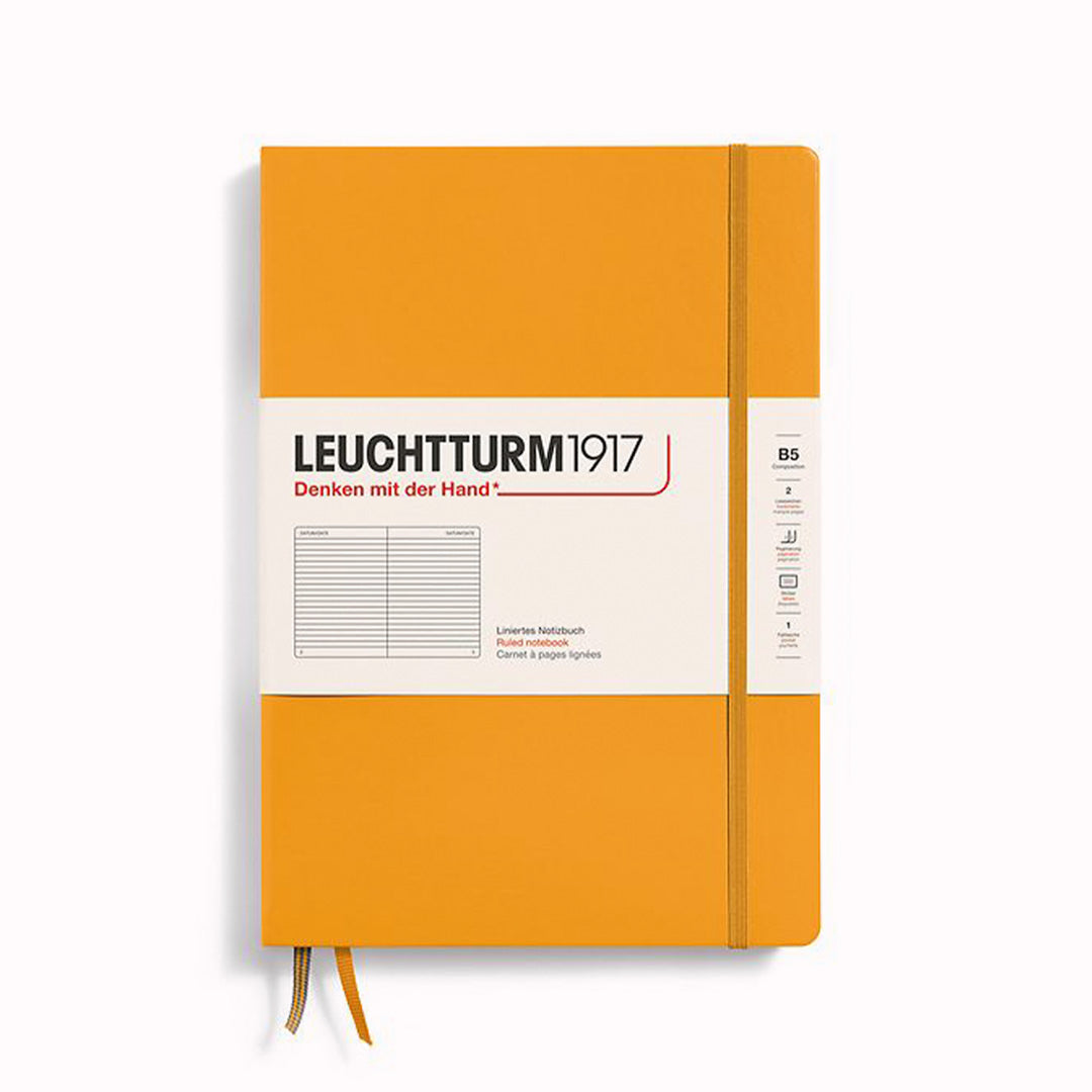Rising Sun B5 Lined Composition Notebook from Leuchtturm1917, includes Blank table of contents and numbered pages with a rear gusseted pocket