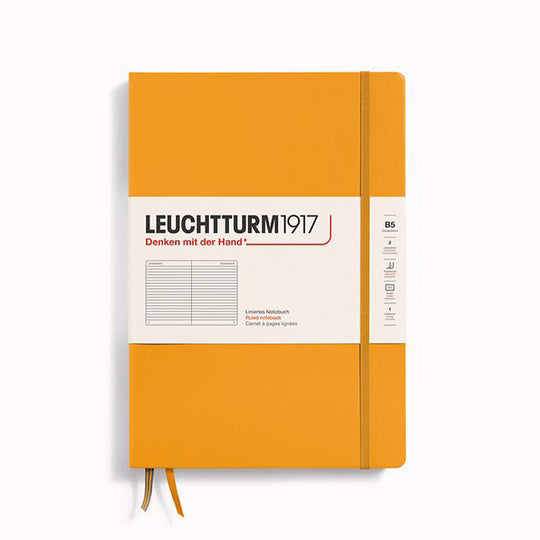 Rising Sun B5 Lined Composition Notebook from Leuchtturm1917, includes Blank table of contents and numbered pages with a rear gusseted pocket