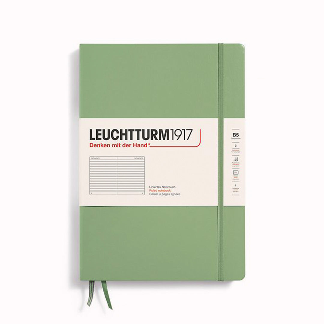 Sage B5 Lined Composition Notebook from Leuchtturm1917, includes Blank table of contents and numbered pages with a rear gusseted pocket
