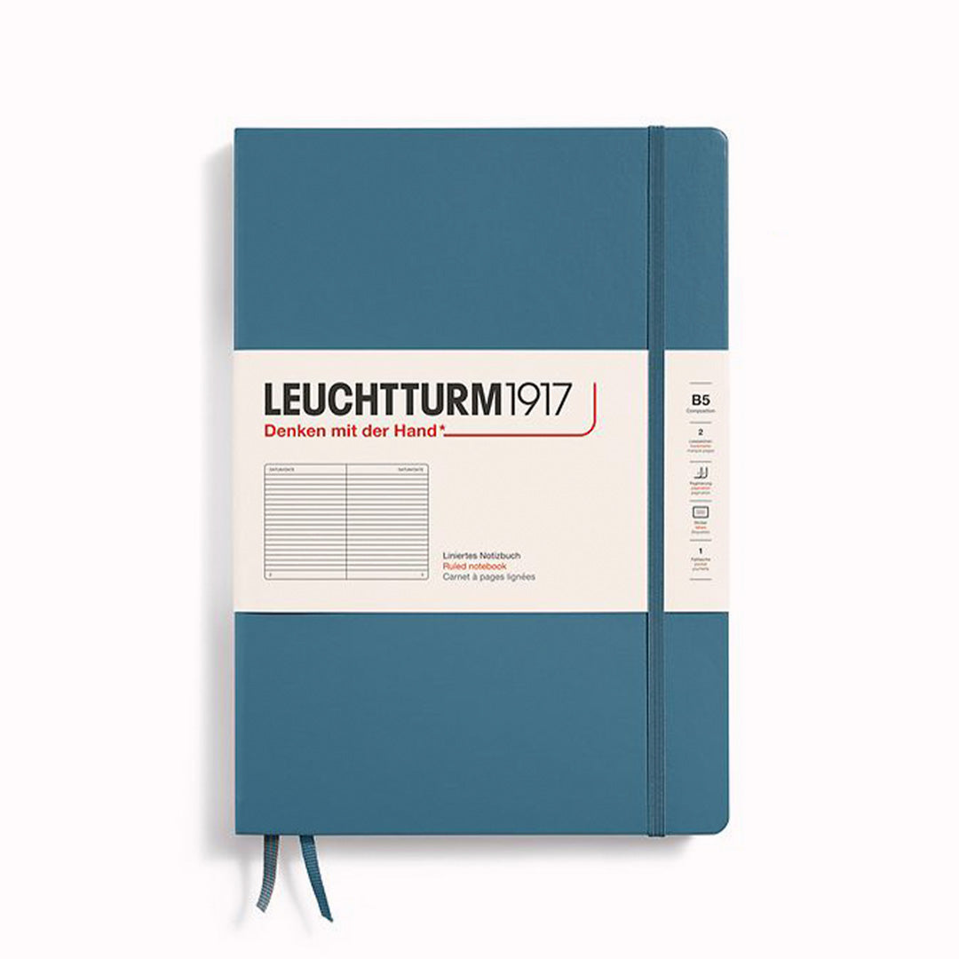 Stone Blue B5 Lined Composition Notebook from Leuchtturm1917, includes Blank table of contents and numbered pages with a rear gusseted pocket