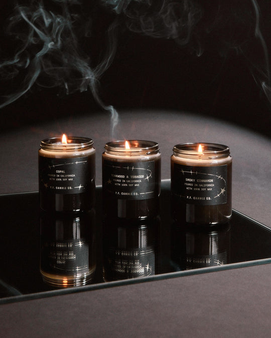 P.F. Candle Co regularly release seasonal candles alongside their core line-up and their 2026 Celestial edition candle line up is presented in smoky grey glass jars with black and silver labels.&nbsp;