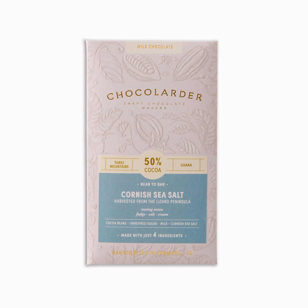 This is a small-batch, bean-to-bar milk chocolate made in Cornwall, combining Ghanaian cocoa with locally harvested sea salt.