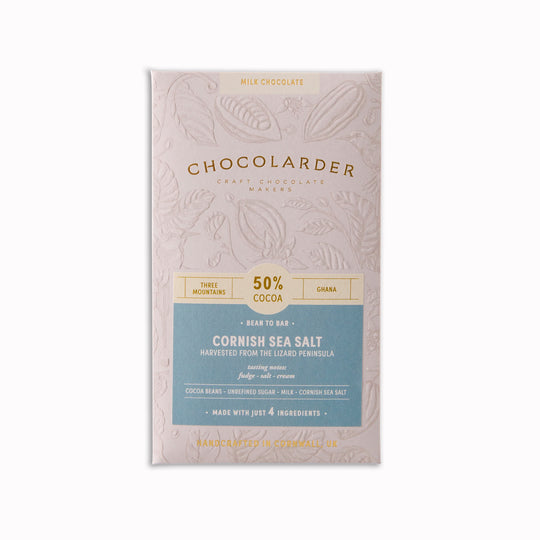 This is a small-batch, bean-to-bar milk chocolate made in Cornwall, combining Ghanaian cocoa with locally harvested sea salt.