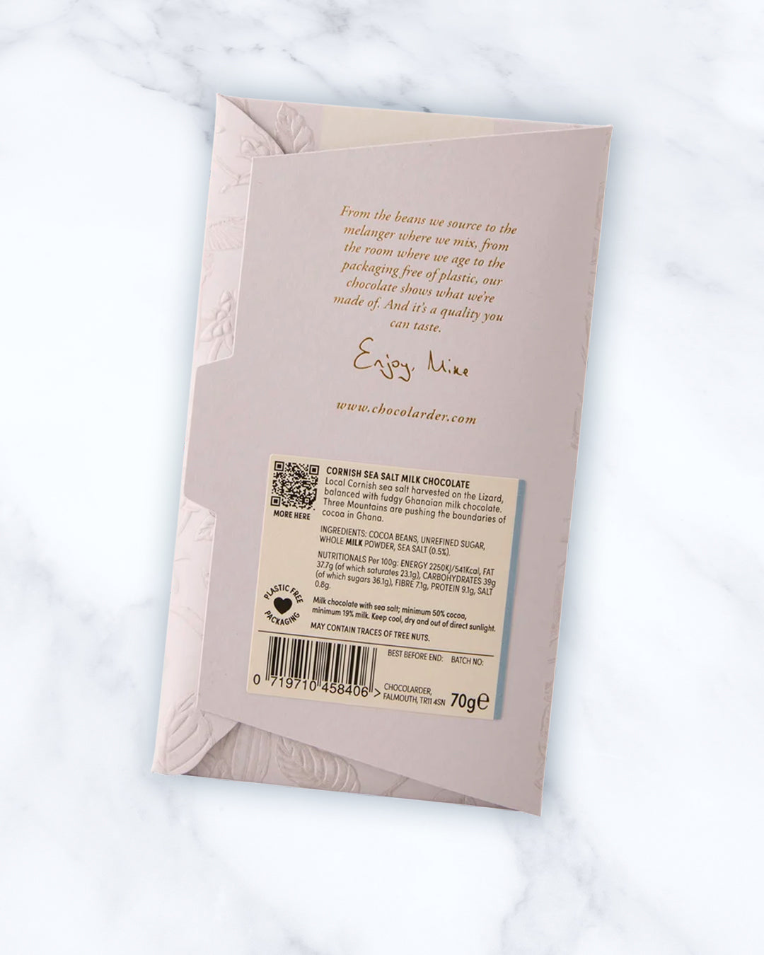This is a small-batch, bean-to-bar milk chocolate made in Cornwall, combining Ghanaian cocoa with locally harvested sea salt.