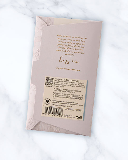 This is a small-batch, bean-to-bar milk chocolate made in Cornwall, combining Ghanaian cocoa with locally harvested sea salt.