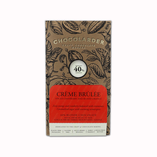 The Chocolarder Creme Brulee 40% Blonde chocolate bar is a delightful treat that combines the rich, creamy taste of custard with the sweet crunch of caramelized sugar.