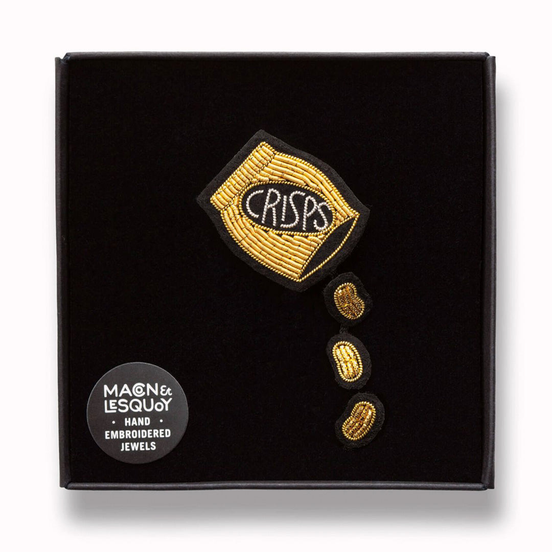Make a statement with this playful Bag of Crisps hand embroidered decorative lapel pin by Paris based Macon et Lesquoy - personalise your favourite garments to define your individual style.  This design is from the London Twist collection.