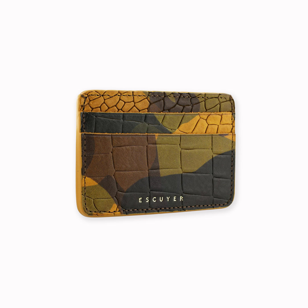 A slim and stylish cardholder from Escuyer, in Camouflage leather with Crocodile effect pattern.