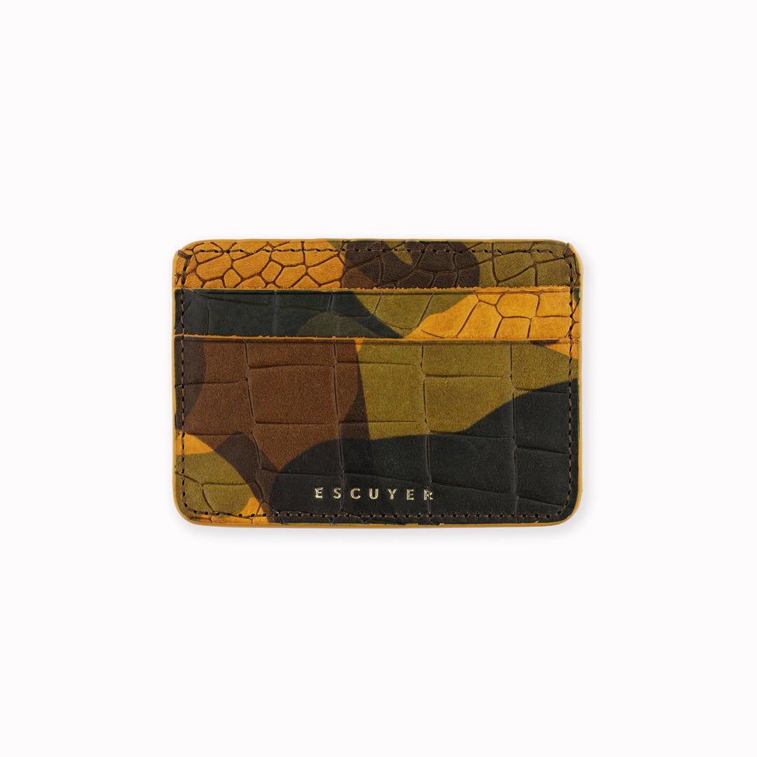 A slim and stylish cardholder from Escuyer, in Camouflage leather with Crocodile effect pattern.