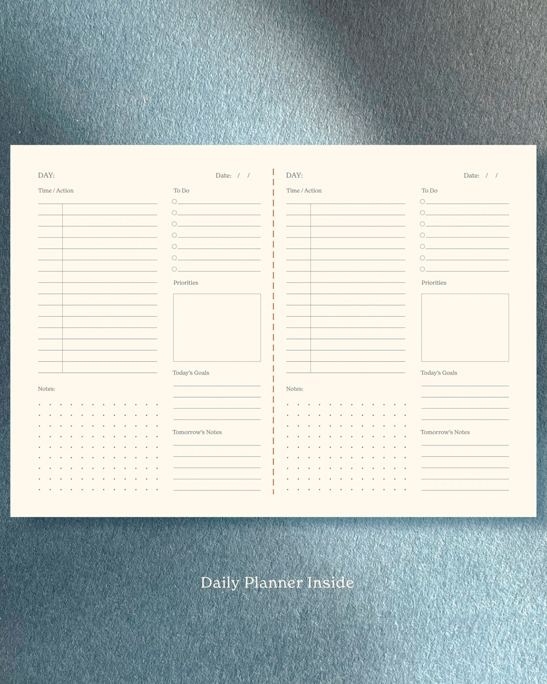 planner built around a horizontal grid layout, giving structure without locking the page. Each spread balances planning and open space, with enough room to map the week while keeping things visually light.