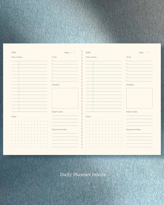 planner built around a horizontal grid layout, giving structure without locking the page. Each spread balances planning and open space, with enough room to map the week while keeping things visually light.