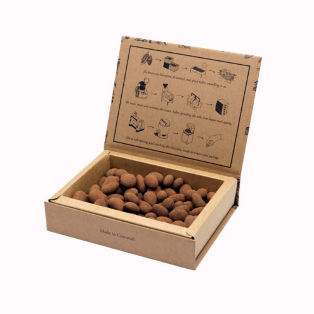 Italian almonds richly coated with slightly salted 70% dark chocolate and rolled in cocoa, by award winning craft chocolate maker, Chocolarder.