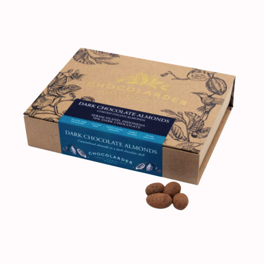 Italian almonds richly coated with slightly salted 70% dark chocolate and rolled in cocoa, by award winning craft chocolate maker, Chocolarder.