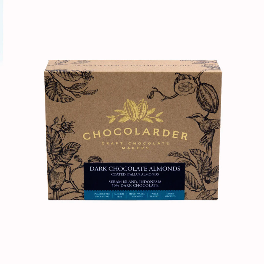 Italian almonds richly coated with slightly salted 70% dark chocolate and rolled in cocoa, by award winning craft chocolate maker, Chocolarder.