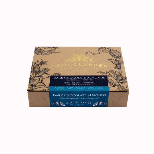 Italian almonds richly coated with slightly salted 70% dark chocolate and rolled in cocoa, by award winning craft chocolate maker, Chocolarder.