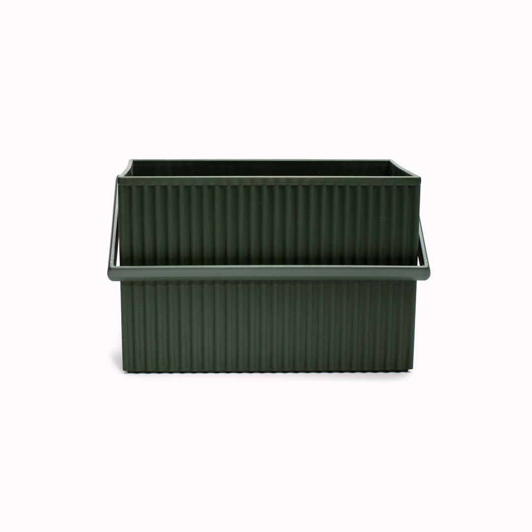 Dark green coloured homeware stacking box with matching dark green carry handles.