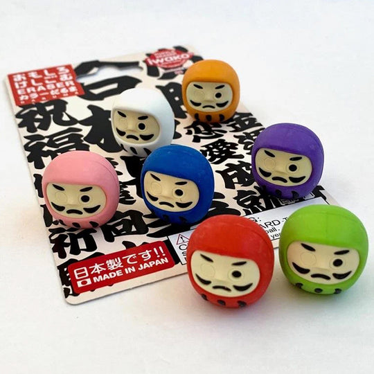 A cute and colourful set of seven Japanese Daruma shaped erasers presented in attractive Japanese graphic blister packaging