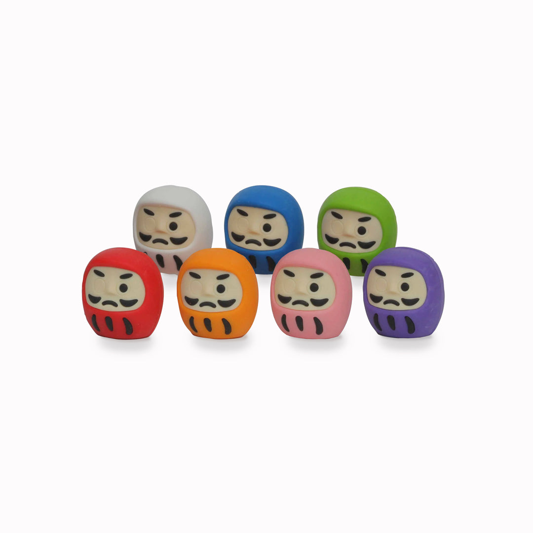 A cute and colourful set of seven Japanese Daruma shaped erasers presented in attractive Japanese graphic blister packaging