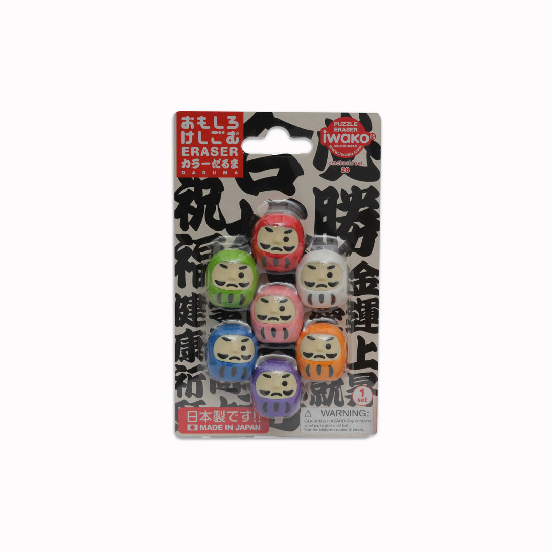 A cute and colourful set of seven Japanese Daruma shaped erasers presented in attractive Japanese graphic blister packaging