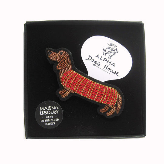 Make a statement with this beautiful Dachshund hand embroidered decorative lapel pin by Paris based Macon et Lesquoy - Box Detail