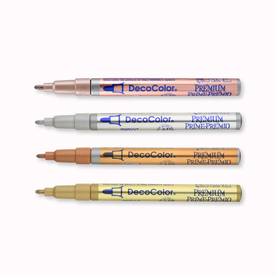 Marvy Uchida make a metallic calligraphy pen that produces a rich metallic finish with maximum opacity. With a Fine Bullet point nib, you can use them indoors or outside. It can be applied to most objects like, wood, metal, ceramic, glass, paper mache, sealed plaster, most plastics, most fabrics, and wicker.