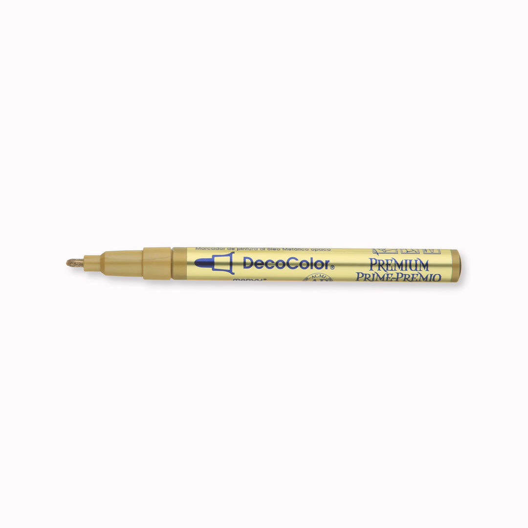 Marvy Uchida make a metallic calligraphy pen that produces a rich metallic finish with maximum opacity. With a Fine Bullet point nib, you can use them indoors or outside. It can be applied to most objects like, wood, metal, ceramic, glass, paper mache, sealed plaster, most plastics, most fabrics, and wicker.