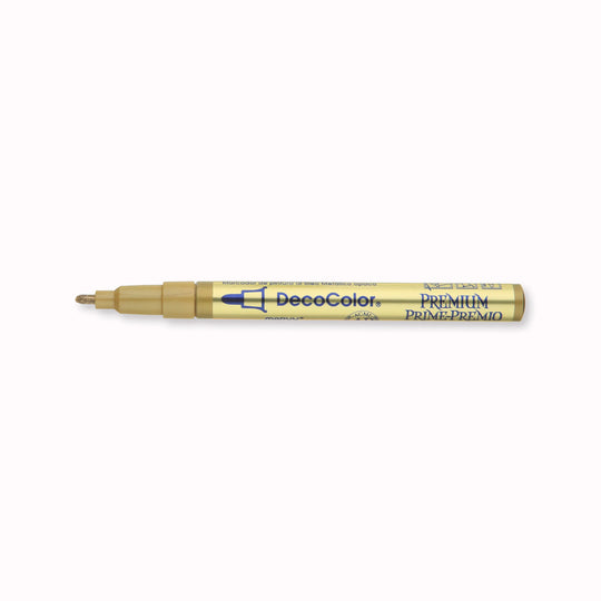 Marvy Uchida make a metallic calligraphy pen that produces a rich metallic finish with maximum opacity. With a Fine Bullet point nib, you can use them indoors or outside. It can be applied to most objects like, wood, metal, ceramic, glass, paper mache, sealed plaster, most plastics, most fabrics, and wicker.