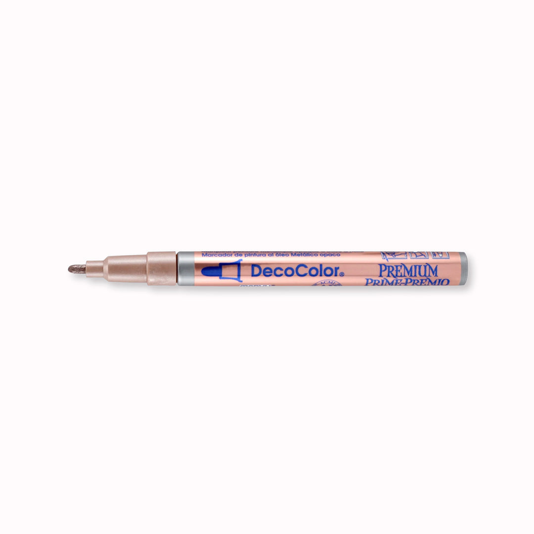 Marvy Uchida make a metallic calligraphy pen that produces a rich metallic finish with maximum opacity. With a Fine Bullet point nib, you can use them indoors or outside. It can be applied to most objects like, wood, metal, ceramic, glass, paper mache, sealed plaster, most plastics, most fabrics, and wicker.