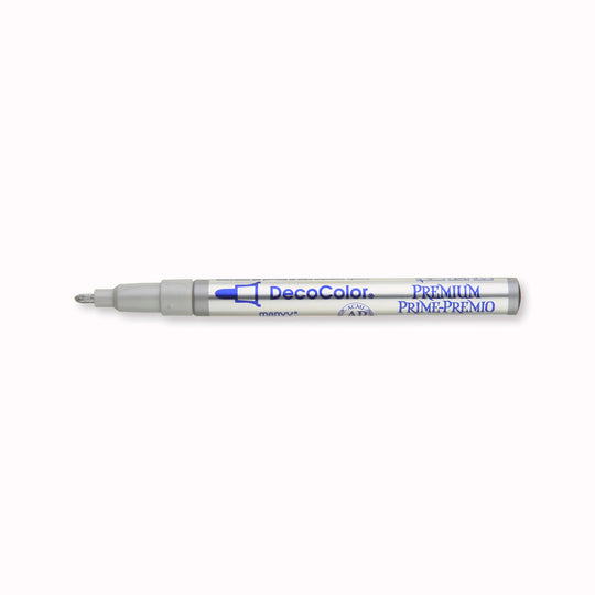Marvy Uchida make a metallic calligraphy pen that produces a rich metallic finish with maximum opacity. With a Fine Bullet point nib, you can use them indoors or outside. It can be applied to most objects like, wood, metal, ceramic, glass, paper mache, sealed plaster, most plastics, most fabrics, and wicker.