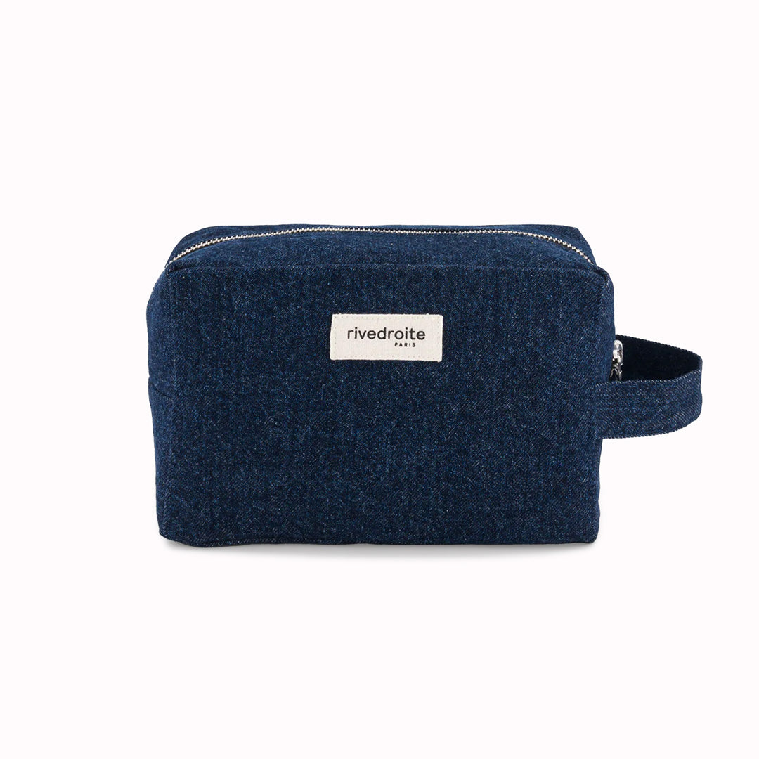 Denim Tournelles XL, A zippered pouch in a pleasing cube shape which is large enough for essential make up items on a weekend away. 