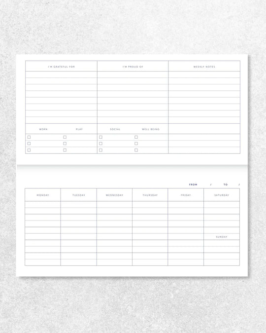 This undated weekly planner from A Journal is built as a wire-bound pad, with a clean, structured layout across each spread. The week sits clearly in view, with adjacent space left open rather than over-defined.