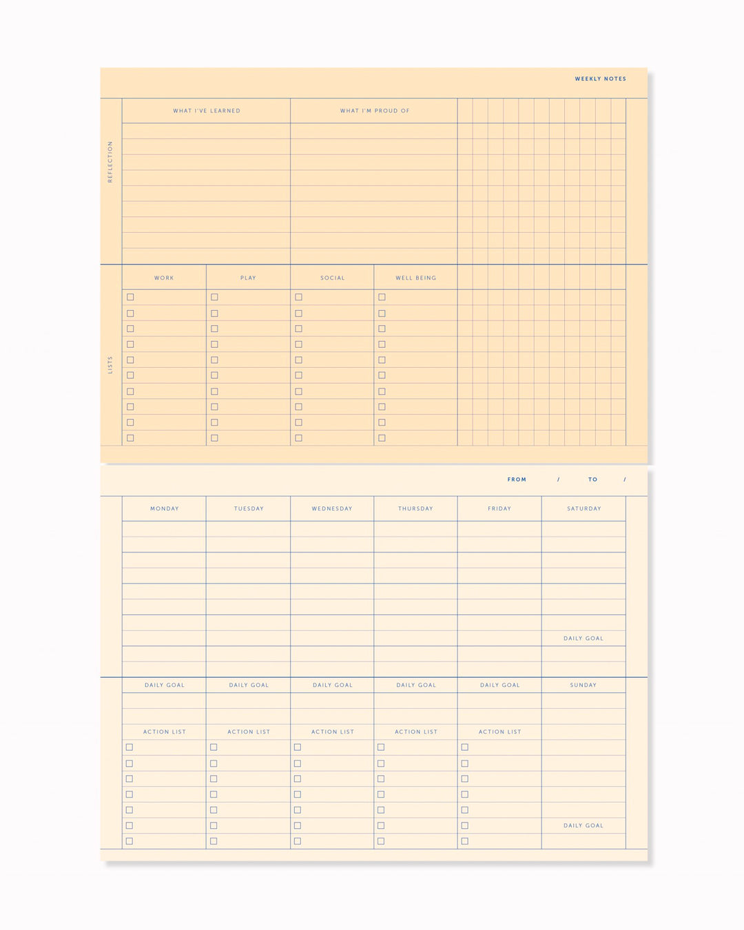 A weekly desk planner in pad format, designed to sit flat and stay visible. The layout is open and minimal, giving the week structure without crowding the page.