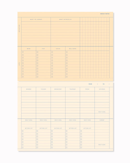 A weekly desk planner in pad format, designed to sit flat and stay visible. The layout is open and minimal, giving the week structure without crowding the page.