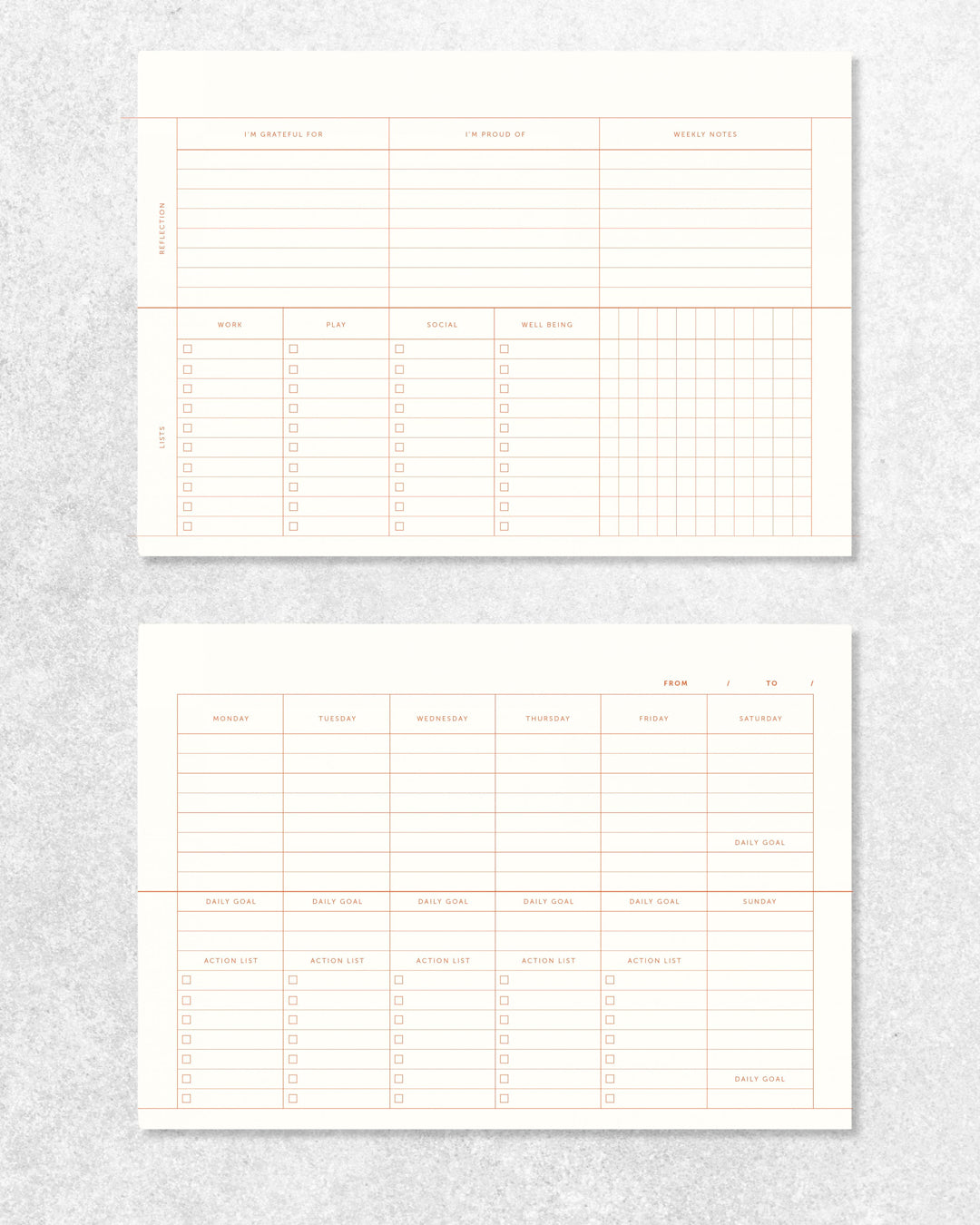 A desk planner built around a single weekly view, set in a structured A4-format page. The layout keeps everything visible at once — days, lists, and space to reset each week — without adding sections that compete for attention.