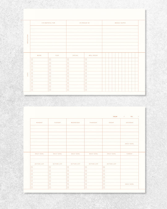 A desk planner built around a single weekly view, set in a structured A4-format page. The layout keeps everything visible at once — days, lists, and space to reset each week — without adding sections that compete for attention.