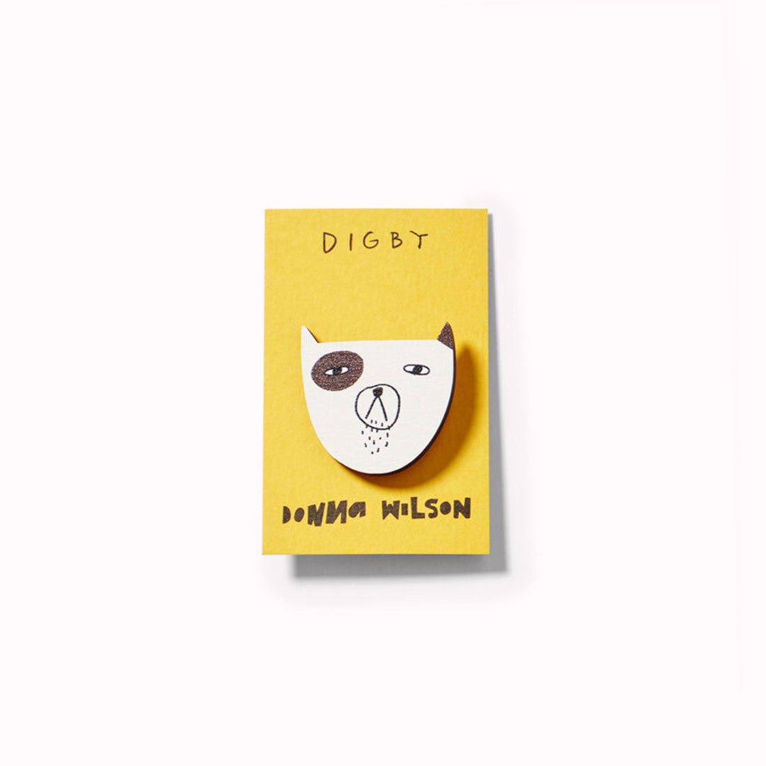 Donna Wilson has created a collection of printed wooden pin badges using her best loved characters, including Digby the dog. A tactile alternative to enamel pin badges