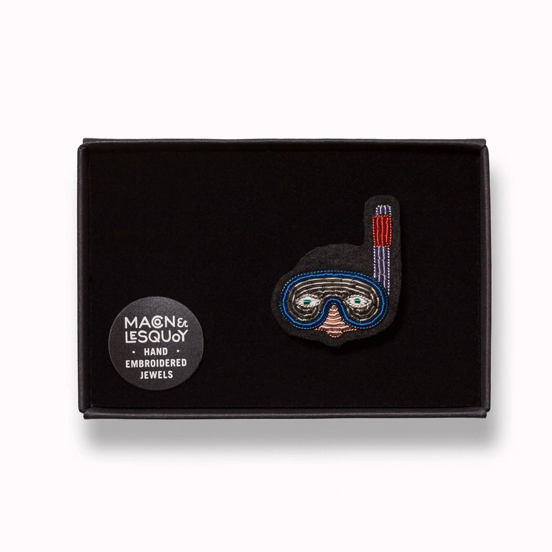 In Presentation Box. Hand embroidered Masked Diver decorative lapel pin by Paris based Macon et Lesquoy - personalise your favourite garments to define your individual style.  