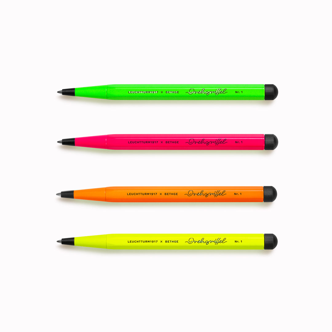 Each pen is a modern statement of Pop Art power and individuality. Available in four neon-bright colours framed in black: pink, orange, yellow and green.