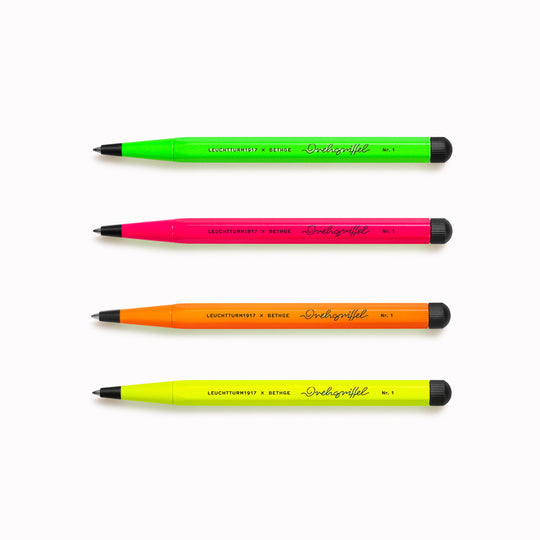Each pen is a modern statement of Pop Art power and individuality. Available in four neon-bright colours framed in black: pink, orange, yellow and green.