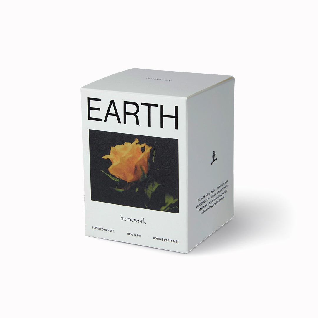 Homework Candle Box labeled 'EARTH' with a yellow rose on a white background