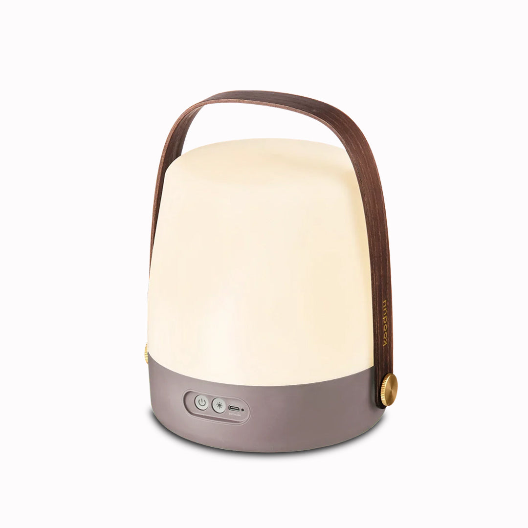 Angled View - The Lite-Up in Earth from Kooduu is a battery operated portable light with a pleasing wooden carry handle and Scandinavian interior feel.