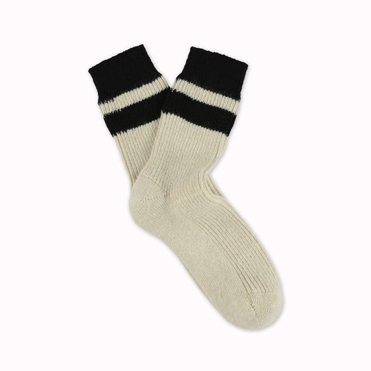Cashmere blend socks by Belgium based Escuyer, with an Ecru base colour and Black stripes. Designed for comfort and warmth during the cooler months